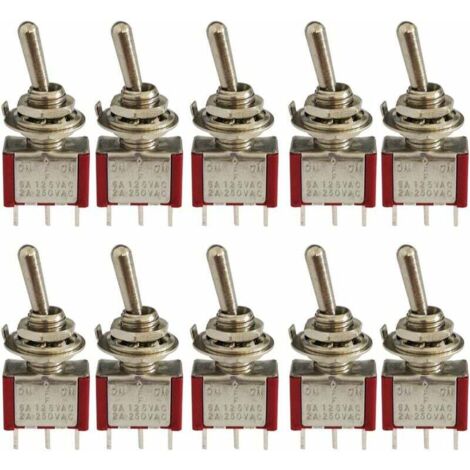 10 piezas Mini interruptor de palanca, CA 125 V 6 A/250 V 2 A 3 pines SPDT ON-OFF-ON 3 pines 3 posiciones SPDT interruptor basculante autoblocante para autopartes rojo (1/5)