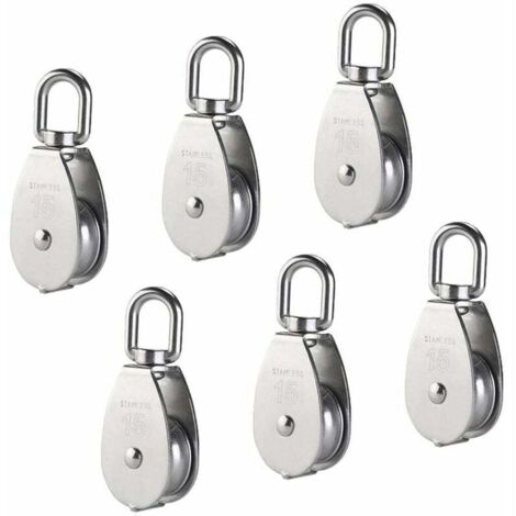 Polea simple M15 de acero inoxidable 304, bloque de rodillos de poleas individuales de 15 mm, gancho giratorio para grúa, cable de cuerda de alambre liso, carga de 77 lb / 35 kg (6 piezas) (1/5)