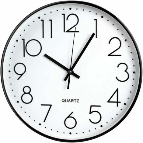Reloj de pared, reloj decorativo de cuarzo silencioso de 12 pulgadas, reloj redondo moderno con números grandes (negro)