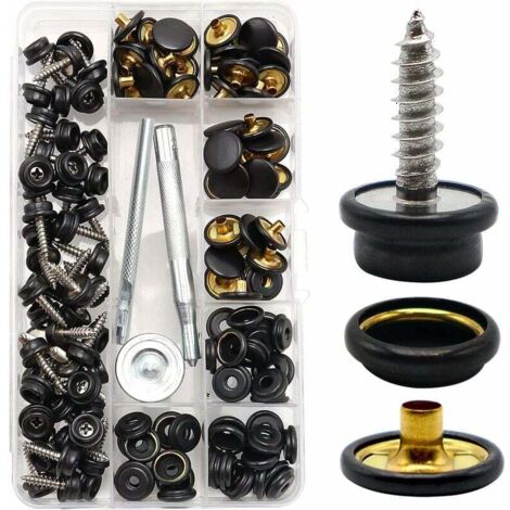 153 Kit de cierres a presión para lona, tornillos metálicos, sujetadores para tapicería, casquillo de 3/8", acero inoxidable con 3 herramientas de ajuste para alfombras de barcos, muebles (negro), (1/4)
