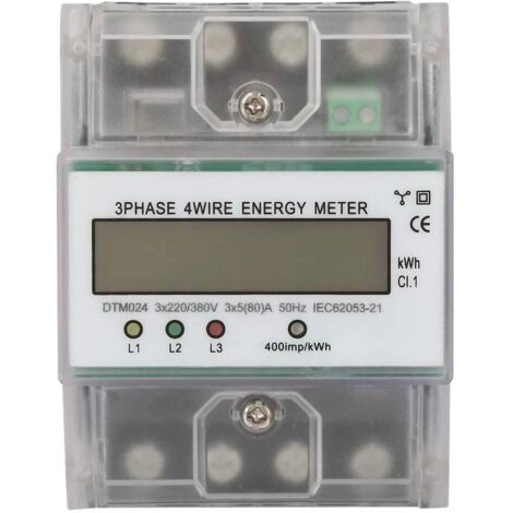 Medidor de energía eléctrica trifásico de 4 hilos DTM024 con pantalla LCD digital, alimentación de 5-80 A en riel DIN