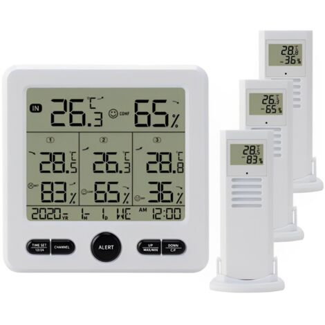 Termómetro e higrómetro profesional para interior y exterior con 3 transmisores de radio, alcance de 100 m, pantalla LCD, retroiluminación, alarma de límite ajustable, color blanco (1/5)