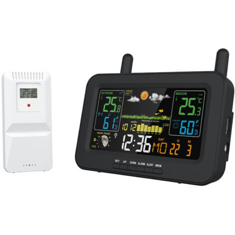 Reloj electrónico inteligente con pantalla a color multifuncional, inalámbrico, para interiores y exteriores, con pronóstico de temperatura, humedad y clima, recargable, con fase lunar, color negro (1/3)