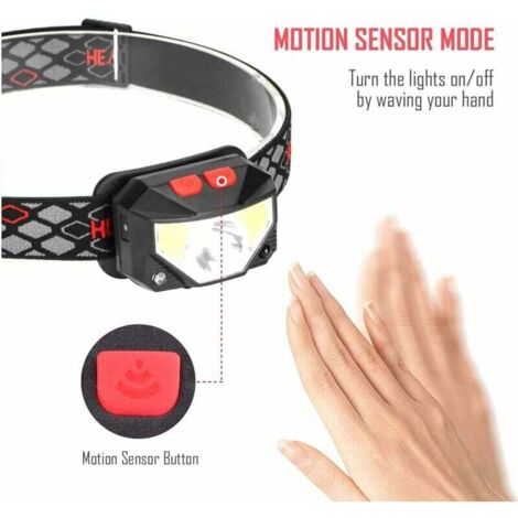 13Thirteen - Linterna frontal LED con sensor recargable y superbrillante, luz roja, para exteriores, camping, correr, ciclismo, pesca (negra) (1/3)