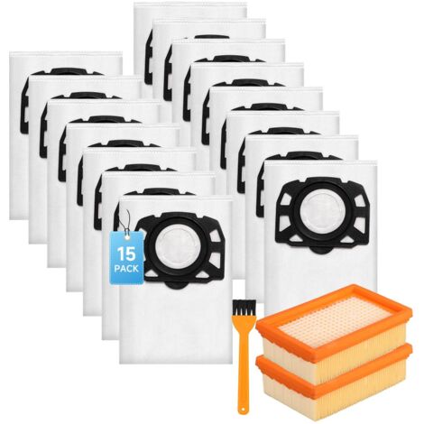 15 bolsas para aspiradora Karcher WD4, WD5, WD6, MV4, MV5, MV6, KFI 487 con 2 filtros KFI 4410. Accesorio de filtro para aspiradora 2.863-006.0 y 2.863-005.0. Filtro para Karcher. (1/5)