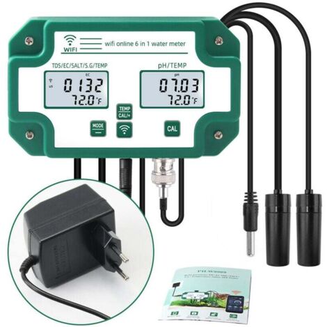 Probador de calidad del agua 6 en 1 con WiFi, monitor digital multiparámetros de calidad del agua, medidor de pH, sólidos disueltos totales, CE, SG, sal y temperatura para acuarios, acuicultura y pisc (1/5)