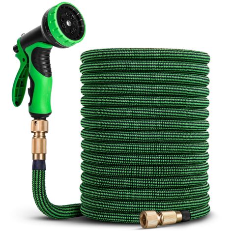 Manguera de jardín extensible de 30 m: ajustable con adaptadores de 19 mm y 13 mm, 9 modos de riego, látex triple resistente con accesorios de latón y bolsa. (1/5)