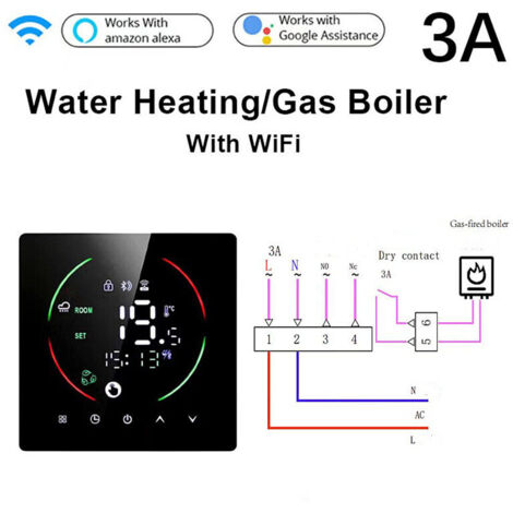 Calentador de Agua 3A/Caldera WIFI Termostato Inteligente AC 90V-240V Pantalla Táctil Inteligente a Color, Termostato Programable para Calentador de Agua, Tuya APP Control Remoto Móvil con Conexión de