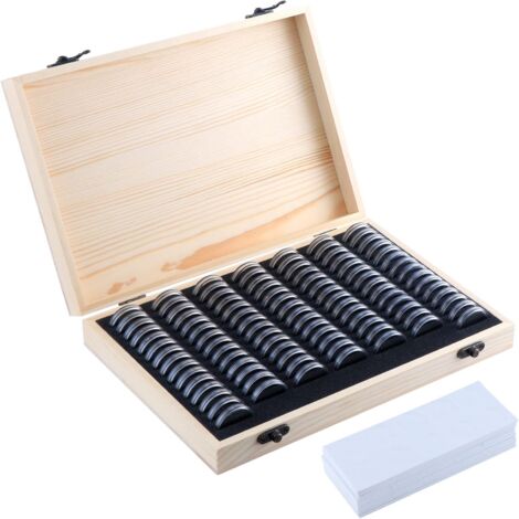 100 cajas de almacenamiento de madera con cápsulas de monedas redondas, caja de almacenamiento de monedas con organizador de plástico para coleccionistas de monedas