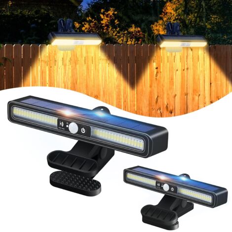 Paquete de 2 luces solares para exteriores con clip y sensor de movimiento, 3 modos de iluminación, lámpara solar para exteriores, impermeable, foco solar para exteriores para valla de jardín (luz cál