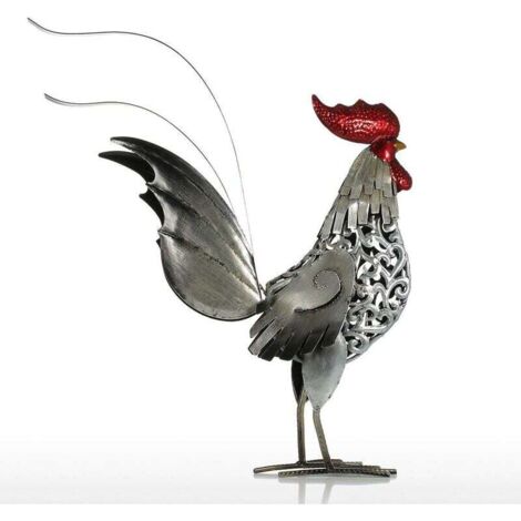 Escultura de metal de gallo tallado en hierro, decoración del hogar, artesanía de animales, arte de hierro (plata y rojo) (1/5)