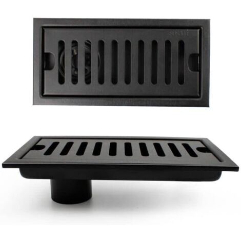 Desagüe de suelo rectangular con sifón de olores, desagüe de ducha 20 × 10 cm con válvula antirretorno, desagüe de suelo vertical negro con rejilla de acero inoxidable, apto para inodoro, cocina,