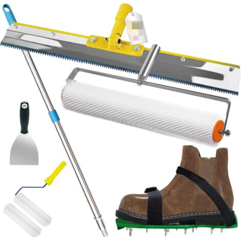 Kit de herramientas para cemento autonivelante, rodillo desburbujeante de 11 mm, zapata niveladora de 30 mm, raspadores autonivelantes, pértiga telescópica de 162 cm (con rodillo de pintura y espátula