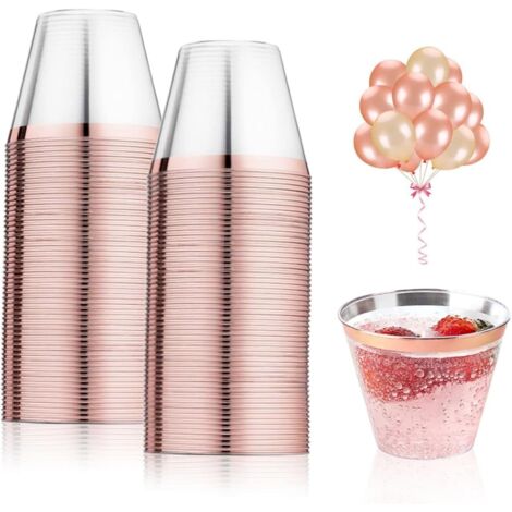 50 vasos transparentes reutilizables con borde dorado rosa para decoración del hogar, fiestas, bodas, cumpleaños, camping y picnics (270 ml) (1/5)