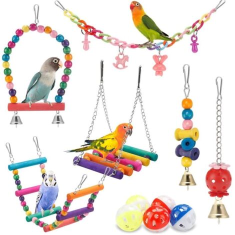 Set de juguetes para loros de 9 piezas, que incluye una escalera colorida, una hamaca, una jaula para pájaros, un soporte, un juguete para masticar y una campanilla colgante, adecuado para periquitos  (1/5)