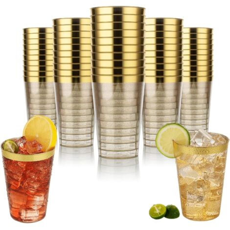 Vaso de plástico reutilizable premium de 330 ml con borde dorado - 50 vasos elegantes sin BPA para bodas, cumpleaños y cócteles - Vaso de plástico reutilizable lavable para picnic (1/5)