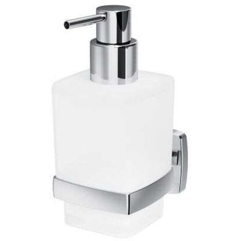 Dispensador de jabón líquido de vidrio con soporte de pared, cromado. (1/2)
