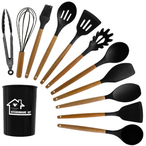 Utensilios de cocina de silicona, juego de 12 piezas sin BPA, kit de utensilios de madera, juego antiadherente con recipiente de almacenamiento, negro (1/5)