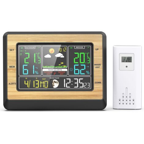 Estación meteorológica LCD inalámbrica para interiores y exteriores con alarma de temperatura/humedad, función de repetición y sensor, ideal para la oficina y la habitación del bebé, color amarillo. (1/5)