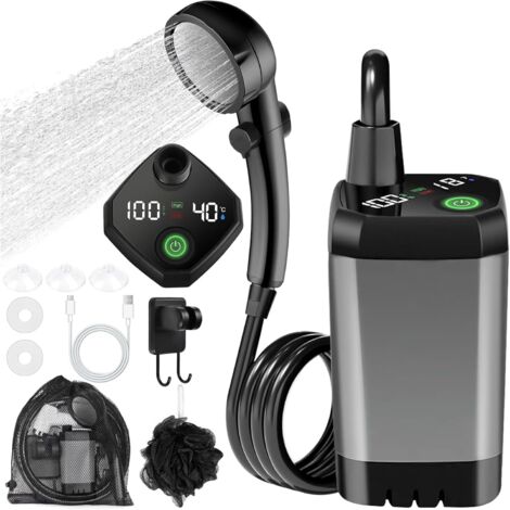 Ducha de camping, ducha portátil, bomba de ducha eléctrica recargable, cabezal de ducha de 6000 mAh con pantalla inteligente, conjunto de ducha de camping de 4 modos para acampar, hacer senderismo y v