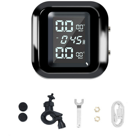 Sistema inalámbrico de monitoreo de presión de neumáticos (TPMS) para motocicletas con carga USB, 2 sensores externos y pantalla LCD digital. (1/5)