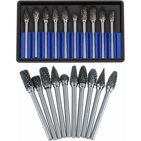 Juego de 10 fresas rotativas de carburo, acero de tungsteno, cabezal de corte de 3 mm de diámetro, vástago de 6 mm, para cortar, trabajar metales, pulir, grabar y taladrar (doble corte). (1/5)