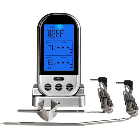 Termómetro digital inalámbrico para carne con temporizador de cocina y dos sondas. Termómetro de cocina para ahumador de carne, parrilla y barbacoa.