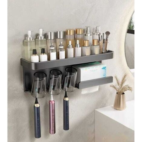 Soporte para cepillos de dientes, soporte para cepillos de dientes sin taladro, soporte multifuncional para cepillos de dientes, soporte para cepillos de dientes de tres vasos, negro (1/3)