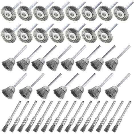 Juego de 45 cepillos de alambre para taladros, cepillos de alambre de acero inoxidable, mini cepillos de alambre manuales para pulir. (1/5)