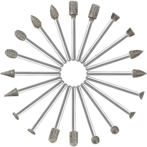 Fresas de diamante, 20 unidades. Fresas rotativas de diamante (broca/cabezal/punta de diamante) con vástago de 3 mm para herramientas rotativas (amolado, pulido, grabado DIY). (1/5)