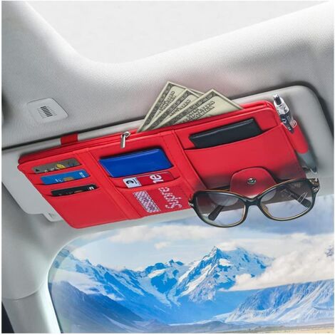 Organizador para parasol de coche, estuche de cuero con cremallera para tarjetas, carné de conducir, bolígrafos, gafas, documentos y accesorios para el interior del coche (rojo). (1/5)