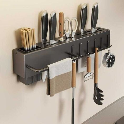 Soporte de pared para palillos y cuchillos – Organizador práctico de acero al carbono, 6 ganchos, negro, 40 x 6 x 6,7 cm