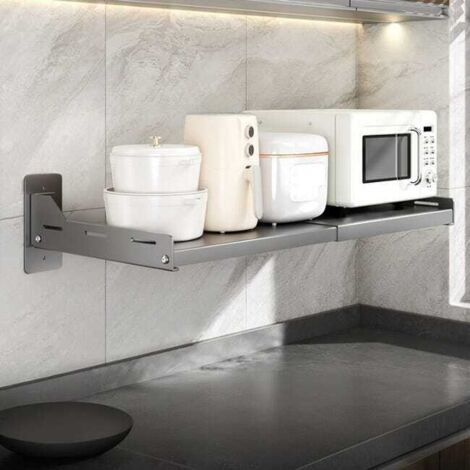 Estante extensible para microondas de cocina, rejilla para horno de pared, instalación sin necesidad de taladrar, 36,5-60 × 34 × 15,7 cm, gris