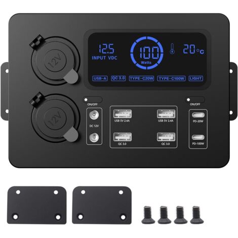 Mini caja de alimentación de 12 V y 100 W con pantalla LCD, luces LED, puertos USB-C y QC3.0, centro de control portátil para RV, SUV, barco, yate, coche.