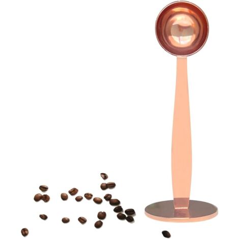 Cucharas de té 2 en 1, cuchara sopera de acero inoxidable 304, cuchara medidora, con base prensada para granos de café, prensa, molinillo de café (oro rosa, 15 ml) (1/5)