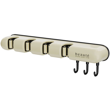 Soporte de pared para escobas, soporte multiusos de pared con 4 ranuras y 3 ganchos, soporte de pared sin necesidad de taladrar, almacenamiento de escobas para cocina, baño, garaje y jardín (negro)