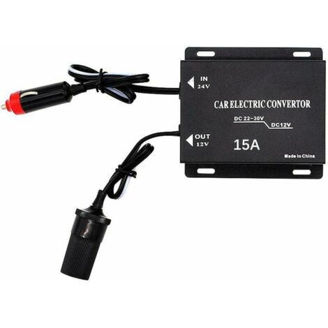 Convertidor de potencia para coche, transformador reductor de 15 A y 24 V a 12 V con enchufe universal para encendedor de cigarrillos para audio de coche, radio, camión (1/5)