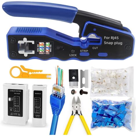 Probador de cables de red/teléfono RJ45 - Kit de herramientas de crimpado RJ45 de 48 pines para Ethernet LAN CAT5 y CAT6 - Mini pelacables
