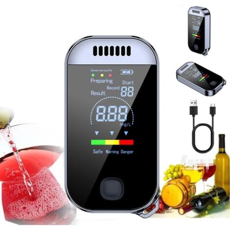 Alcoholímetro con pantalla digital LED a color y carga USB para uso personal. Sensor semiconductor con alarma. Color negro. (1/5)