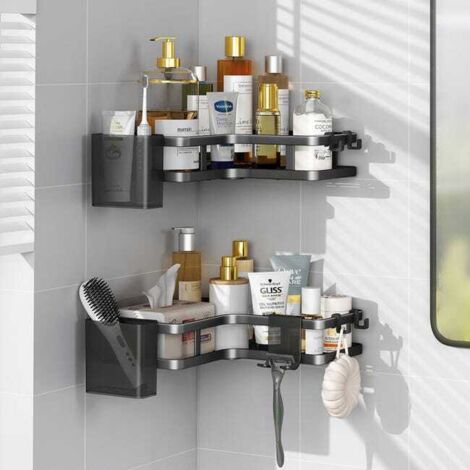 Estante triangular de pared para baño con doble estante + soporte para pasta de dientes2 + soporte para maquinilla de afeitar1, color negro, 25255,2 cm. (1/4)