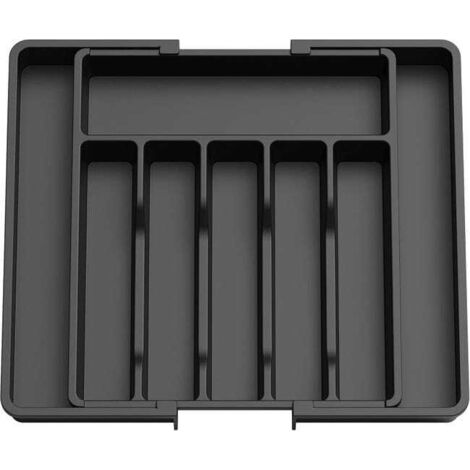 Bandeja para cubiertos, bandeja extensible para utensilios de cajón, color negro, organizador de cajones ajustable para cocina, almacenamiento compacto de plástico. (1/5)