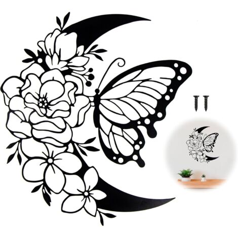 Decoración artesanal de metal, siluetas de plantas y animales que se balancean en hierro forjado negro, flores de mariposa (1/5)