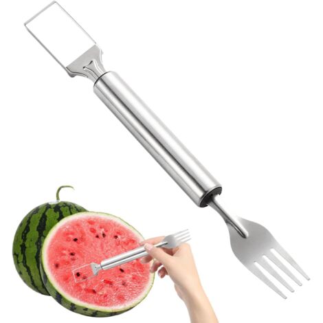 Utensilio 2 en 1 para cortar sandía que combina rebanador y tenedor, mango antideslizante de acero inoxidable, ideal para preparar comidas rápidas y para picnics/barbacoas. (1/5)