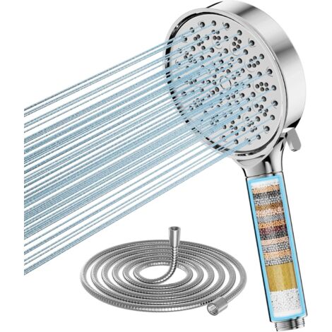 Cabezal de ducha con filtro antical, filtro de 20 etapas y manguera de 1,5 m, 6 chorros, ahorro de agua, alta presión (cromado). (1/5)