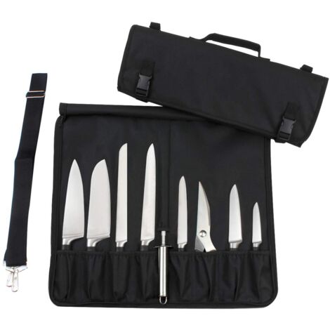 Funda para cuchillos con 15 compartimentos, asa de transporte y correa para el hombro, color negro (cuchillos no incluidos). (1/5)