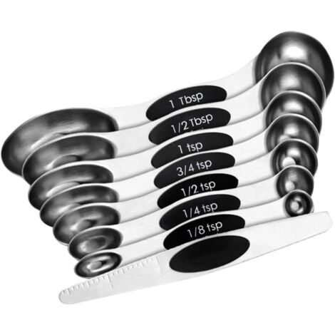 Juego de 8 piezas de acero inoxidable que incluye cucharas medidoras, accesorios para hornear, espátulas, tazas medidoras métricas y utensilios de cocina, color negro. (1/5)