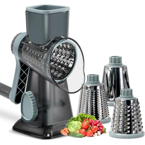 Rallador de queso giratorio con 3 cuchillas intercambiables y base antideslizante, cortador manual de verduras y rallador de queso para queso, pepinos, zanahorias y más, color negro.