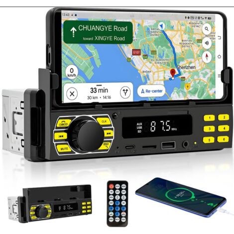 Radio de coche Bluetooth de 1 DIN con soporte para teléfono móvil, radio de coche con manos libres Bluetooth, radio FM, USB, TF, Aux, 7 colores, localizador de coche mediante aplicación, reproductor M (1/5)