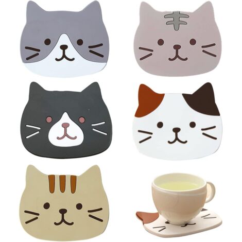 5 posavasos con forma de gato, posavasos de silicona reutilizables antideslizantes, lavables y resistentes al calor, alfombrilla de goma para vasos de vino y té, novedad para el hogar y la cocina. (1/5)