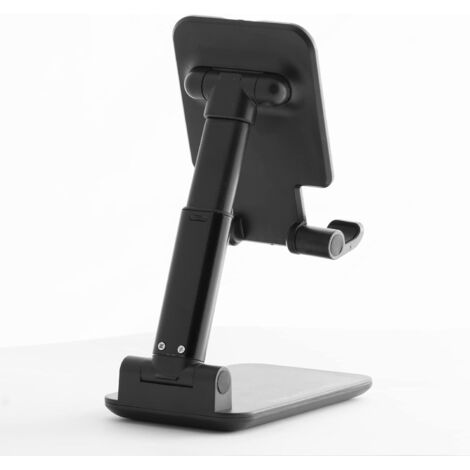 Soporte de escritorio Black Label Line para smartphone y tablet, diseño compacto y plegable, soporte ajustable, textura antideslizante y base equilibrada, color negro.